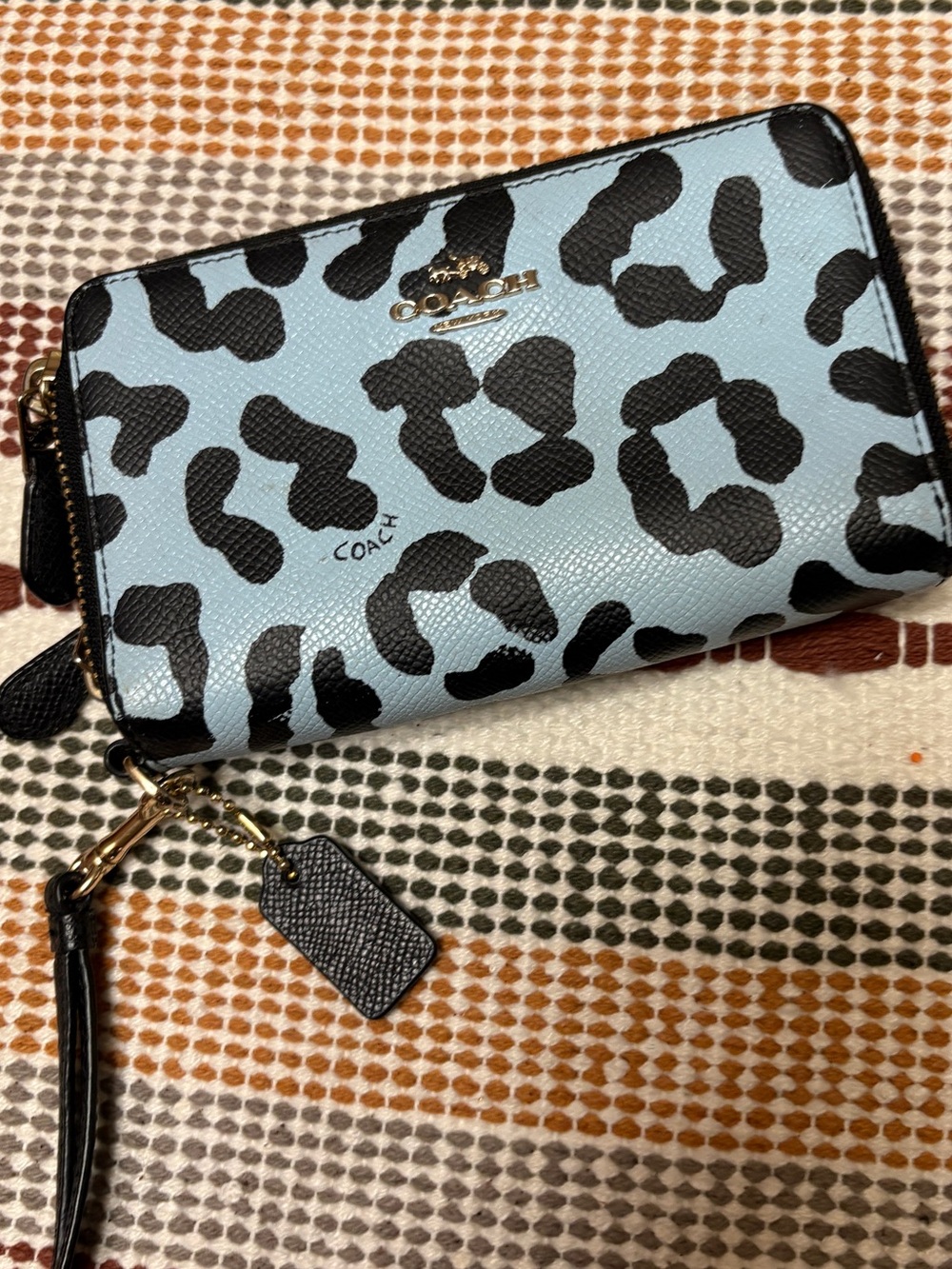 Coach Light Blue and Black Leopard Print Zip Wallet Wristlet